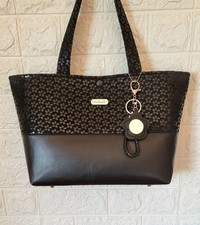 Black Faux Leather And Daisy Embossed Suede Large Tote Handbag & Mirror Charm