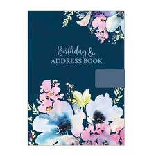 A5 Birthday Address Book Navy Floral Design Notebook Magnetic Closure Satin