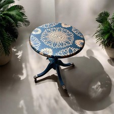 Blue and Copper Sunflower Design Wooden Circular Table With Claw Feet Castors