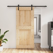 Sliding Barn Door Solid Pine Wood with Black Hardware Set & Rails Kit 90x210 cm