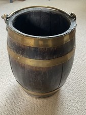 Antique English Oak Brass Banded Barrel Bucket, C 1840 Coal , Umbrella Kindling