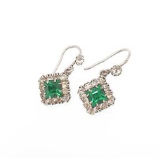 Antique Emerald & Diamond Paste Solid Silver Earrings Square Cut Cluster Hook