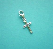 CLIP ON SOLID STERLING SILVER CROSS CHARM on 925 Trigger Clasp