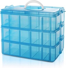Stackable 3 Tier Blue Plastic Craft Storage Box with 30 Adjustable Compartments