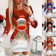 Womens Christmas Elk Mini Dress Xmas Party Snowflake Long Sleeve T Shirt Dresses
