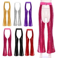 UK Women Sparkly Cowgirl Chaps Open Crotch Adjustable Waist Motorcycle Trousers