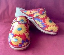VINTAGE MOSHULU LEATHER CLOGS RETRO BRIGHT FLORAL SIZE 5 / 38 SWEDISH