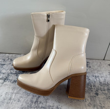 Women’s Cream Ankle Boots Block Heel Faux Leather Zip Up Retro Vintage Style UK
