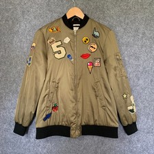 ZARA Womens Jacket Dream Bomber Pins Patches Patchwork Olive Green Full Zip Sz M