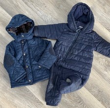 Boys 12-18M Blue Next Snowsuit + Quilted Coat With Peaked Hood & Pockets
