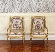 Two dolls house 1/12 scale Louis XVI arm chairs, cast metal frames (used)