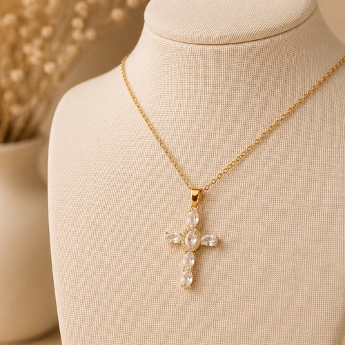 Gold cross pendant necklace - gold, cz