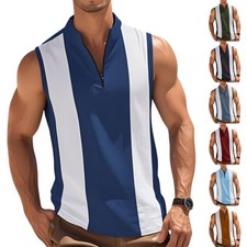 Men's Fashion Quarter-Zip Tank Tops  Vintage Striped Casual Slim Fit Tank Top
