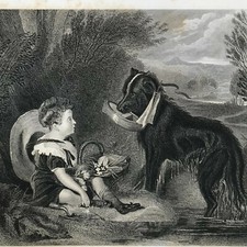 Sir Edwin Landseer Engraving Print Antique 1880 - The Friends Boy and Dog