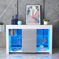 Modern White Sideboard Cabinet High Gloss Wooden Cupboard LED Glass Shelves