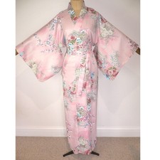 VINTAGE JAPANESE, KIMONO STYLE, PALE PINK, FAUX SILK DRESSING GOWN ROBE, FLOWERS