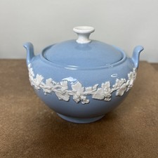 Vintage Wedgwood Embossed Queen's Ware Sugar Bowl or Sucrier, White on Blue