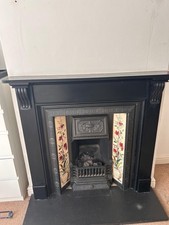 Antique Victorian Cast Iron Fireplace With Tile Inserts And Slate Surround