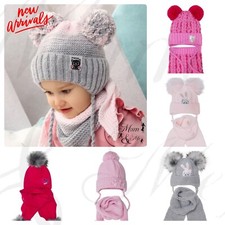 NEW Cute Kids Toddler Girls Hat Knitted Winter Hooded Cap with Scarf Tie up Warm