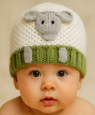Knitting Pattern Very Easy Knit Sheep Motif Baby Beanie Hat Premature - 2yrs DK