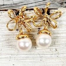 Vintage Tiffany & Co. 18K Yellow Gold Pearl Earrings Bow Dangles Designer Luxury
