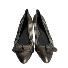 Burberry Check Pattern Metallic Toe Flat Shoes Size 40 Cap Buckle Accent