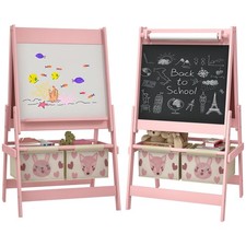 AIYAPLAY Kids Easel with Paper Roll, Blackboard, Whiteboard, Storage, Pink