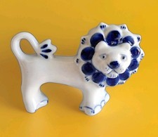 Vintage Gzhel USSR Russia Hand Painted Lion Figurine - Blue & White Pottery