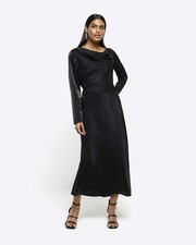 River Island Womens Midi Column Dress Black Long Sleeve Cowl Neck Waist Tie