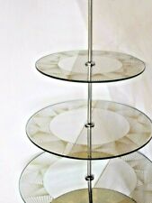 ROUND MIRRORED GLASS  3 TIER CAKE STAND GOLD GLITTER CROSS LINES PATTERN