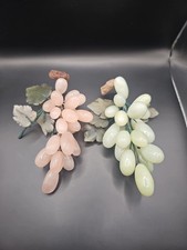 Pair Of Vintage Hardstone Carved Pink & Green Bunches Of Grapes