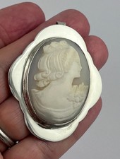Large vintage c 1970's sterling silver carved Italian shell cameo pendant