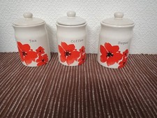 SET OF 3 WILKO POPPY KITCHEN CANISTERS - TEA, SUGAR, COFFEE -  AIRTIGHT LIDS