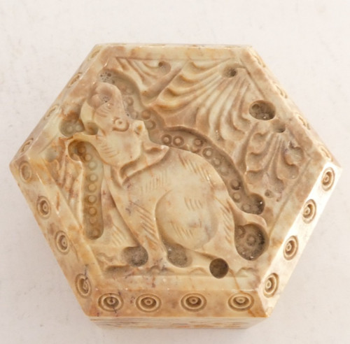 Carved soapstone hexagonal - soapstone, box