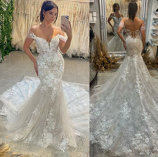 Luxury Off Shoulder Mermaid Wedding Dress Lace Appliques Train Plus Size Bridal