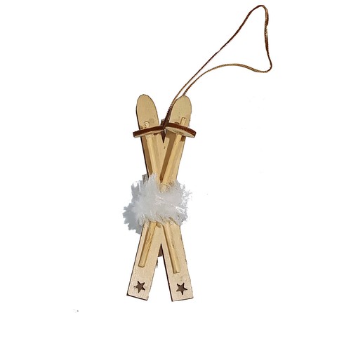 Wooden ski ornament - wooden, poles
