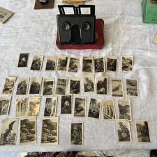 Vintage Metal Folding 3-D Stereoscope Viewer & Huge Bundle of Peeps Cards in tin