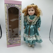 Porcelain Doll In Long Green Dress In Box With Stand