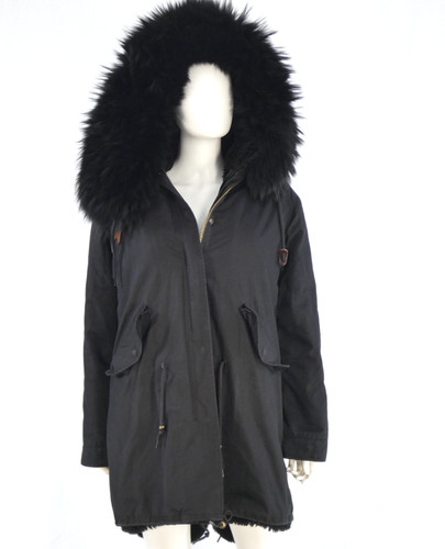 Fur lined coat black hooded - fur,