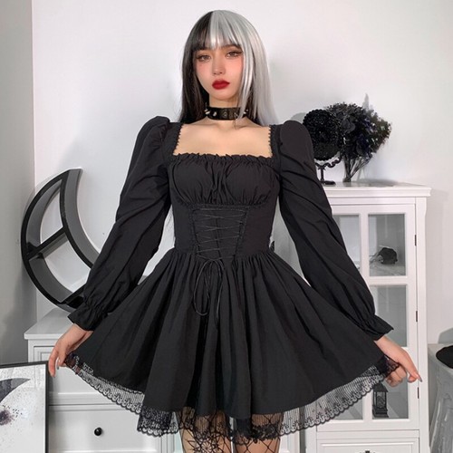 Women gothic lace dress - lace, puff