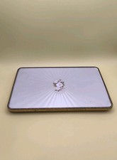 Art Deco Guilloche Enamel Glass Dresser Vanity Tray Hand-Painted Floral Silver