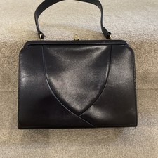 Vintage Handbag Black Leather With Gold Clasp Height 19cm Width 25cm