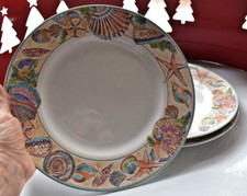 3 ~CARIBBEAN FITZ & FLOYD Dinner Plate 10 5/8" Omnibus Shell Border Vintage 1995