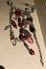 Vintage Pink / Red  'Gold' Beaded Charm Silver Tone Skirt Kilt Pin Brooch