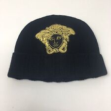 VERSACE 100% Cashmere Black Knitted Beanie Hat with Gold Medusa Embroidery  - L