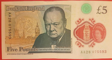 AA28 New Polymer £5 Note Serial Number AA28 075593 Good Condition