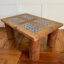 Vintage Chunky Coffee Table Decorative Tiled Top Rectangle Wooden Mexican Tile