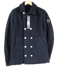 REPLAY Mens Navy Coat L Wool Blend Double-Breasted Lined Smart RRP€329 *