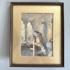 Watercolour Kestrel Falcon Bird of Prey Medieval Interior Unsigned 1950’s