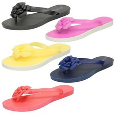 Ladies Spot On Flat Sole Toepost Flower Trim Sandal